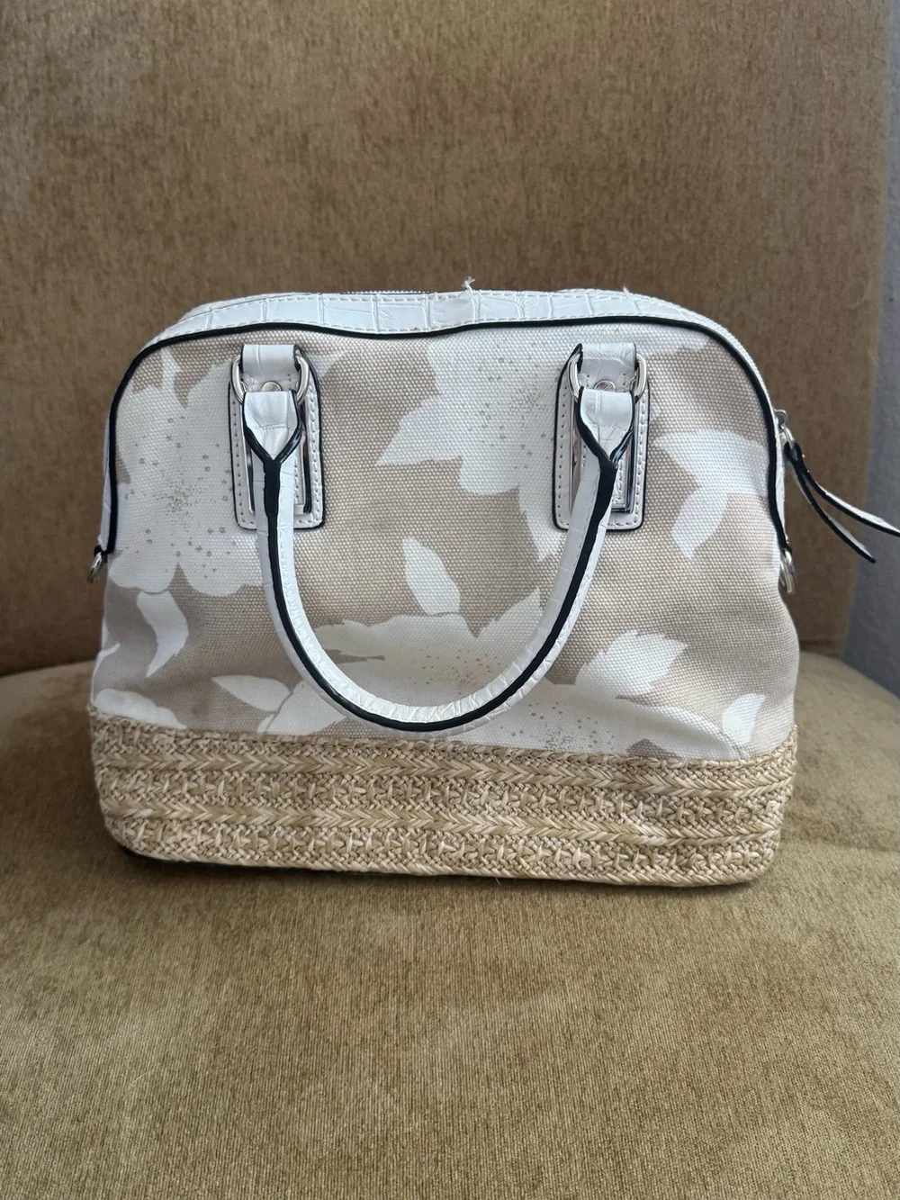 Beige Floral Canvas & Straw Tote Bag - Lightweight Everyday Handbag